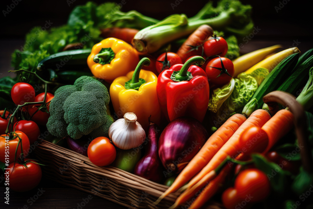 This close-up shot beautifully captures a delightful display of freshly harvested vegetables arranged in a rustic wooden crate or basket. Generative AI. This close-up shot beautifully captures a delightful display of freshly harvested vegetables arranged in a rustic wooden crate or basket. Generative AI.
