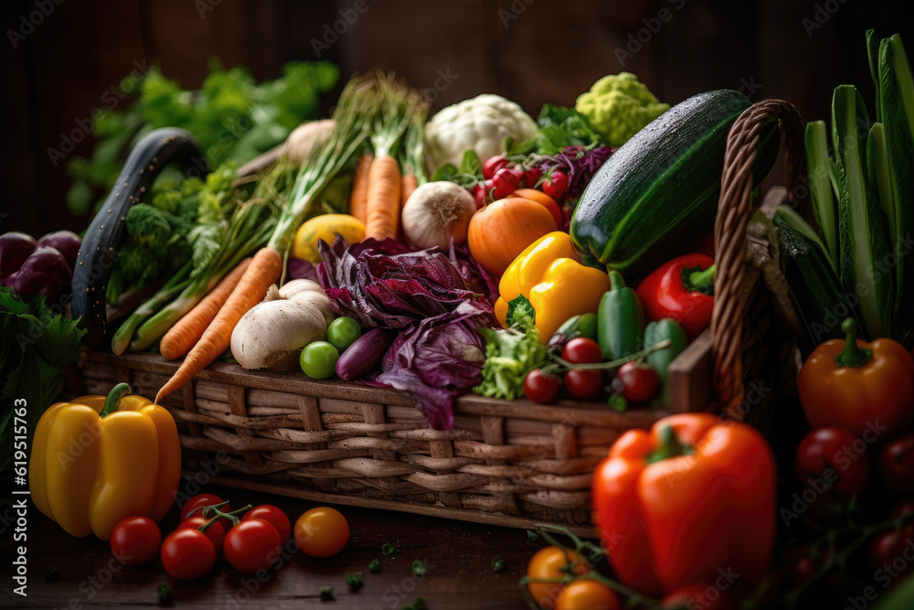 This close-up shot beautifully captures a delightful display of freshly harvested vegetables arranged in a rustic wooden crate or basket. Generative AI. This close-up shot beautifully captures a delightful display of freshly harvested vegetables arranged in a rustic wooden crate or basket. Generative AI.
