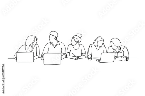 Single one line drawing working together, discussing business. Meeting of colleagues. Coworking, teamwork concept. Continuous line draw design graphic vector illustration. photo