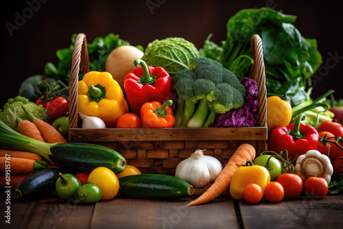 This close-up shot beautifully captures a delightful display of freshly harvested vegetables arranged in a rustic wooden crate or basket. Generative AI.