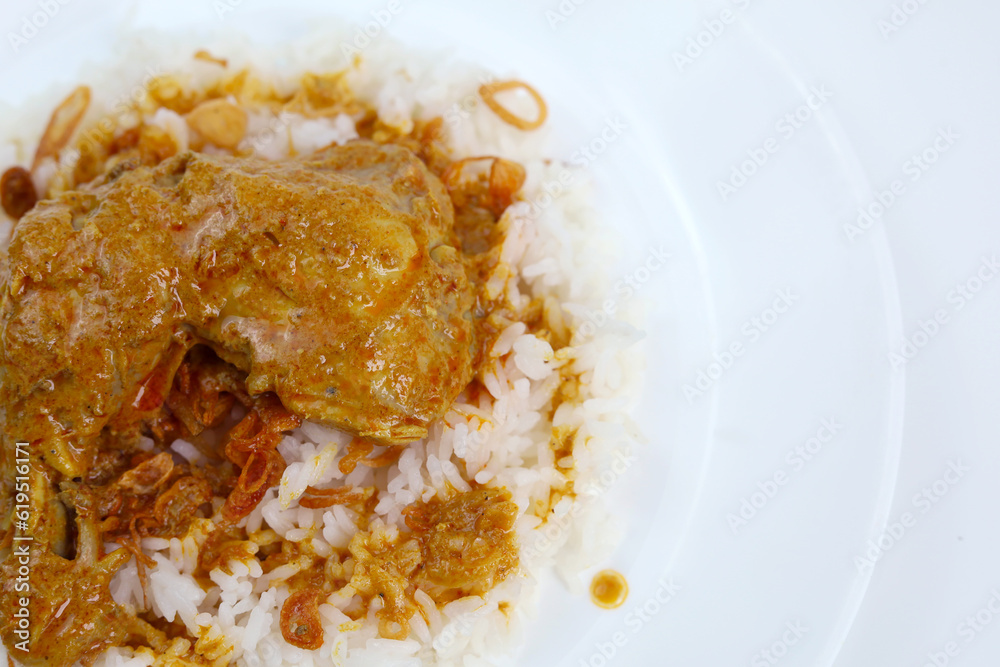 Top view a plate of warm white rice topped with chicken curry. Padang Rice with chicken curry. Top view a plate of warm white rice topped with chicken curry. Padang Rice with chicken curry.