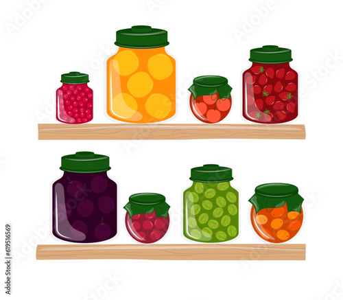 Set of jars with jam. Prepared food for winter season. Natural delicacy isolated on white background. 