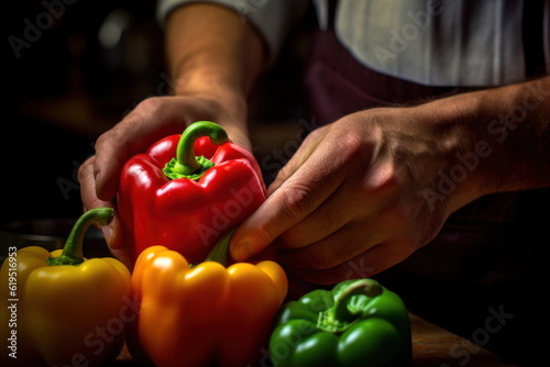 In this captivating shot, the camera focuses on a skilled chef's hand delicately holding a vibrant bell pepper, showcasing its remarkable texture and vibrant color. Generative AI.