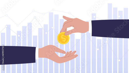 Transfer of money from one person to another with bar chart on the background. Finance market concept. Vector illustration