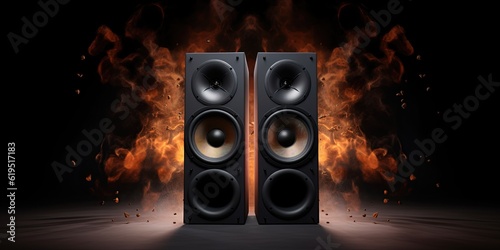 Two hi-tech speakers with fire in background. Sound and audio equipment. Generative Ai