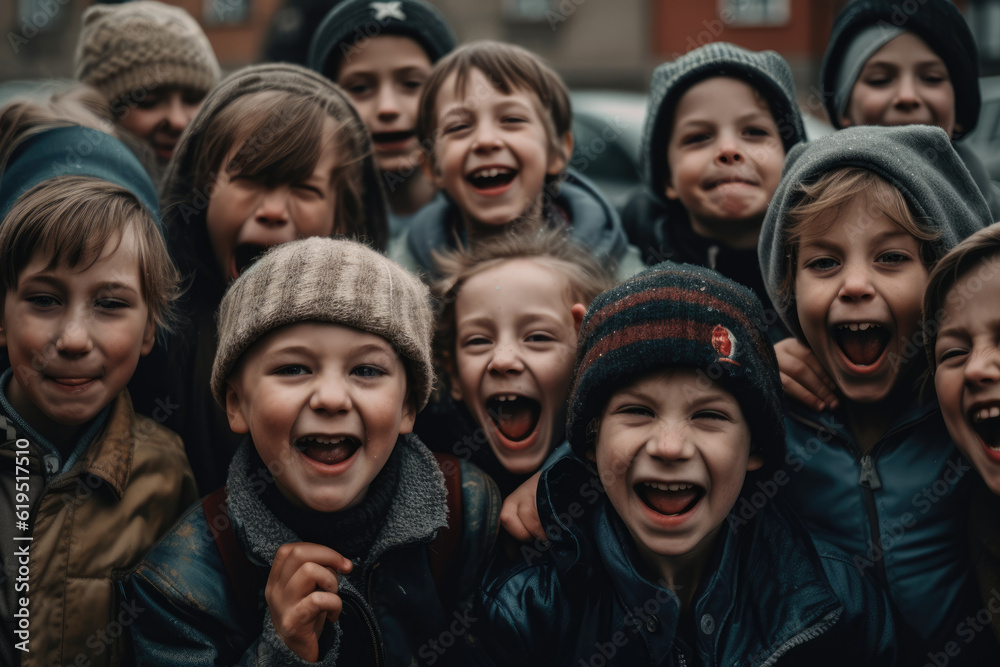 Generative AI illustration of happy children wearing outerwear and hats laughing happily and hugging while having fun together outside Generative AI illustration of happy children wearing outerwear and hats laughing happily and hugging while having fun together outside