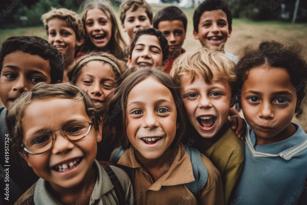 Generative AI illustration of multiethnic happy children laughing happily while having fun together outside looking at camera Generative AI illustration of multiethnic happy children laughing happily while having fun together outside looking at camera
