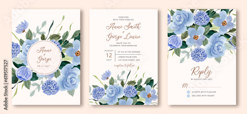 wedding invitation set with blue floral watercolor frame