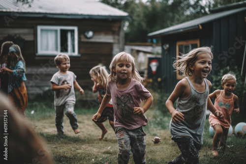 Generative AI illustration of joyful kids chasing each other while having fun playing together outdoors spending summer holidays at camp