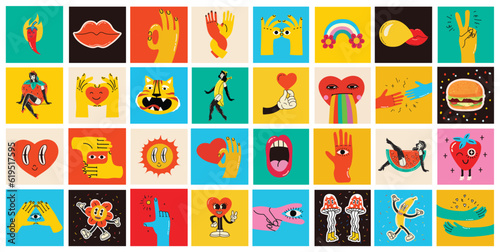 70's groovy square posters, cards or stickers. Retro print with hippie cute colorful funky character concepts of crazy geometric, dripping emoticon. Only good vibes sentence