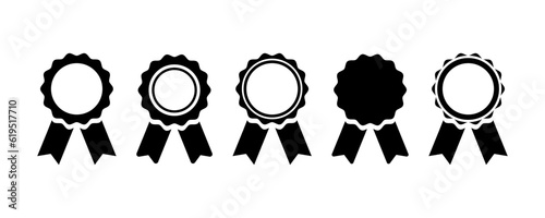 Set of blank black approved badges with ribbons. Premium quality, quality guarantee symbol. Guarantee badge.