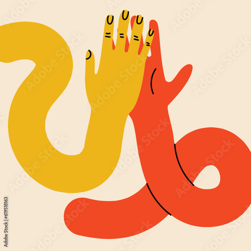 Groovy hippie love colorful hands hi five. Hands with heart, together hands and etc. Hand drawn vector illustration. Retro happy Valentines day in cartoon style.
