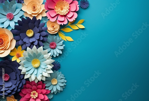 Top view of colorful paper cut flowers on blue background with copy space © Cla78