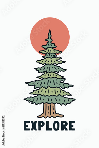 The sturdy pines tree and the red sun vector outdoor illustration