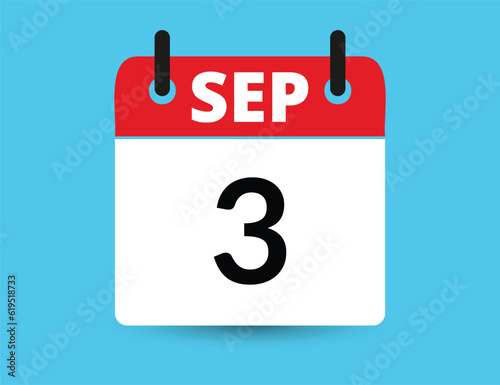 September 3. Flat icon calendar isolated on blue background. Date and month vector illustration -