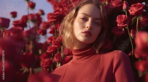 Generative AI image of portrait of young female blonde looking at camera while standing near fresh red blooming rose flowers against blurred blue sky photo