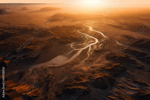 Generative AI illustration of drone view of picturesque landscape with river flowing through sandy terrain against bright sunset sky photo