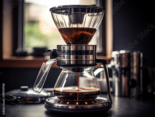 Generative AI illustration of coffee maker pouring coffee placed on kitchen table against blurred background in daylight photo
