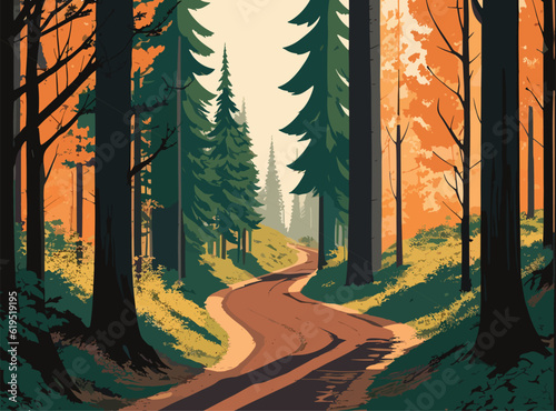 A painting of a road running through a forest flanked by rocks and trees. landscape forest.