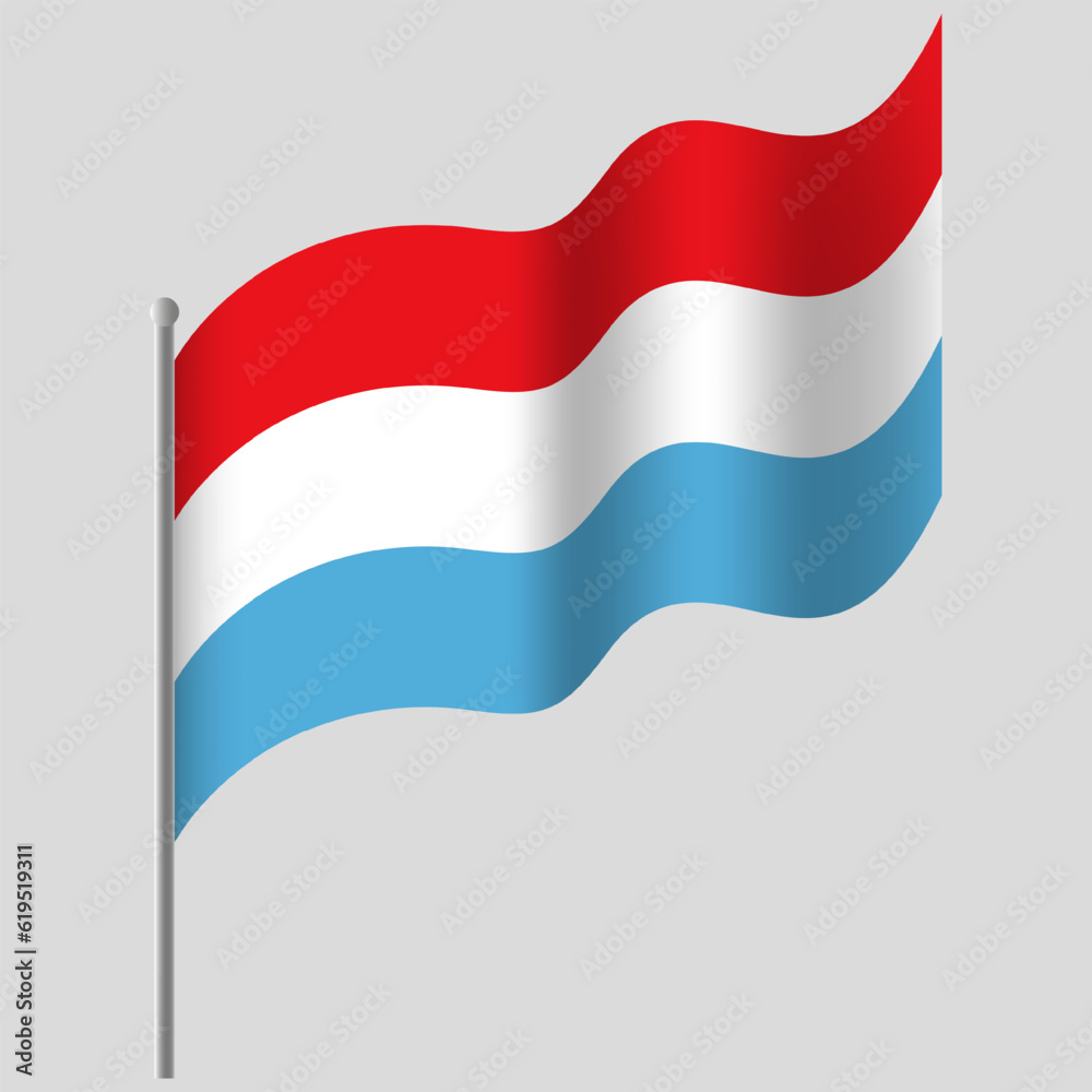 Waved Luxembourg flag. Luxembourg flag on flagpole. Vector emblem of Luxembourg