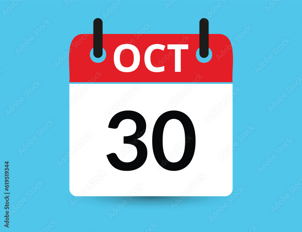 October 30. Flat icon calendar isolated on blue background. Date and month vector illustration October 30. Flat icon calendar isolated on blue background. Date and month vector illustration