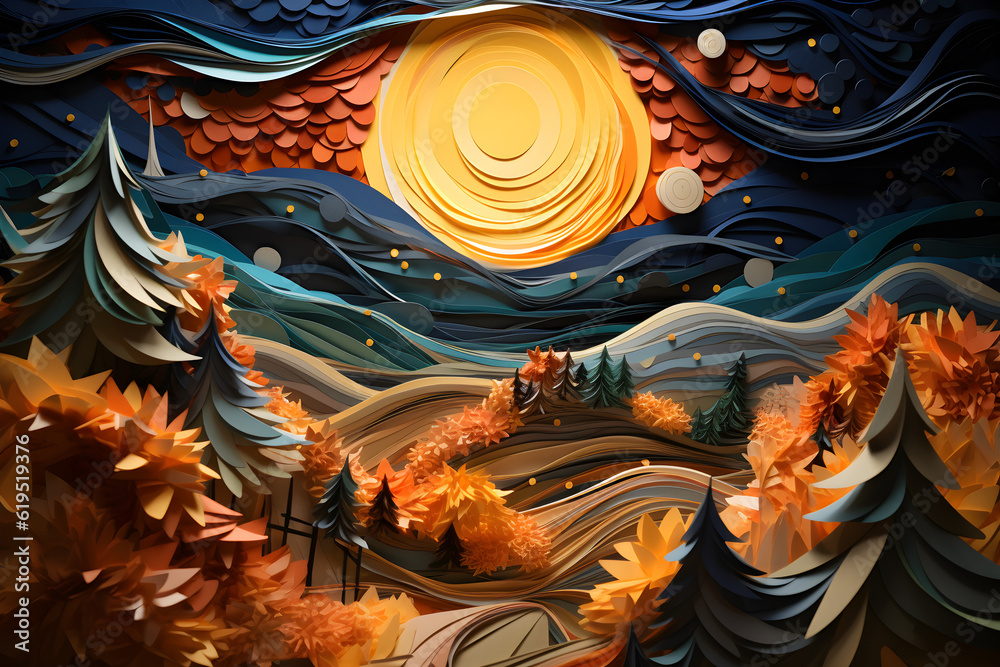 Layered paper cut art of autumn landscape with autumn leaves, trees and forest, 3d cutout style illustration created with generative AI Layered paper cut art of autumn landscape with autumn leaves, trees and forest, 3d cutout style illustration created with generative AI