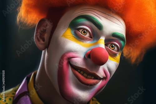 Generative AI image portrait of male clown bright makeup and redhead hair looking away while in room with blurred wall photo