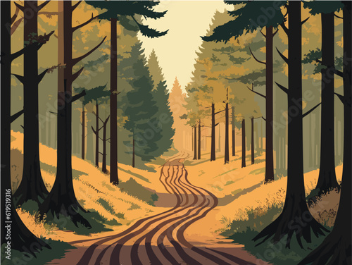 A painting of a road running through a forest flanked by rocks and trees. landscape forest.