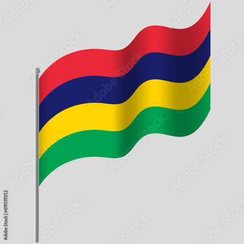 Waved Mauritius flag. Mauritius flag on flagpole. Vector emblem of Mauritius