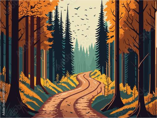 A painting of a road running through a forest flanked by rocks and trees. landscape forest.