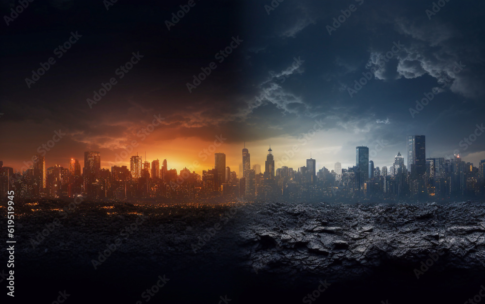 City skyline day and night contrast view City skyline day and night contrast view