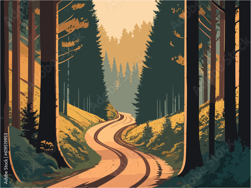A painting of a road running through a forest flanked by rocks and trees. landscape forest.