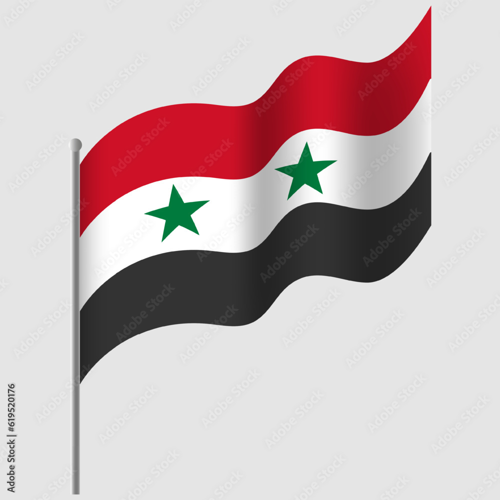Waved Syria flag. Syrian flag on flagpole. Vector emblem of Syria Waved Syria flag. Syrian flag on flagpole. Vector emblem of Syria