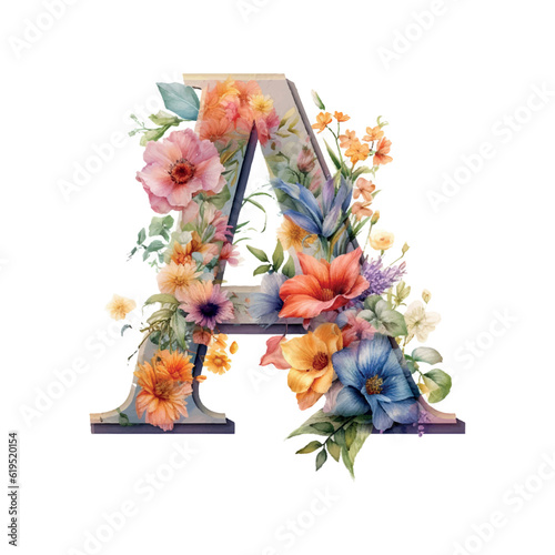 Monogram a watercolor in classic style. Botanical poster. Creative alphabet. Abstract flowers background. Trendy colorful vector texture. Watercolor flowers, leaves.