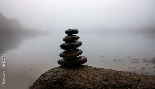 Canvas Print zen balancing pebbles next to a misty lake
