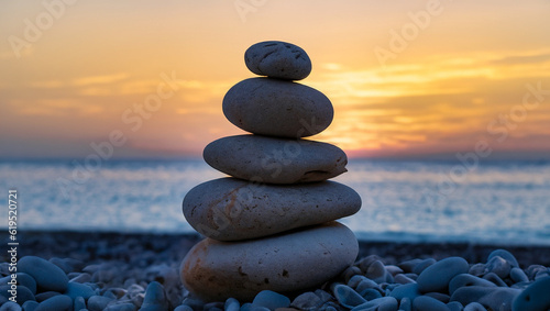 zen stones balanced on the beach with copy space sunrise light meditation and relaxation