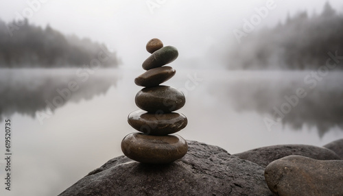 Canvas Print zen balancing pebbles next to a misty lake