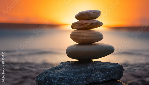 zen stones on the beach sunset