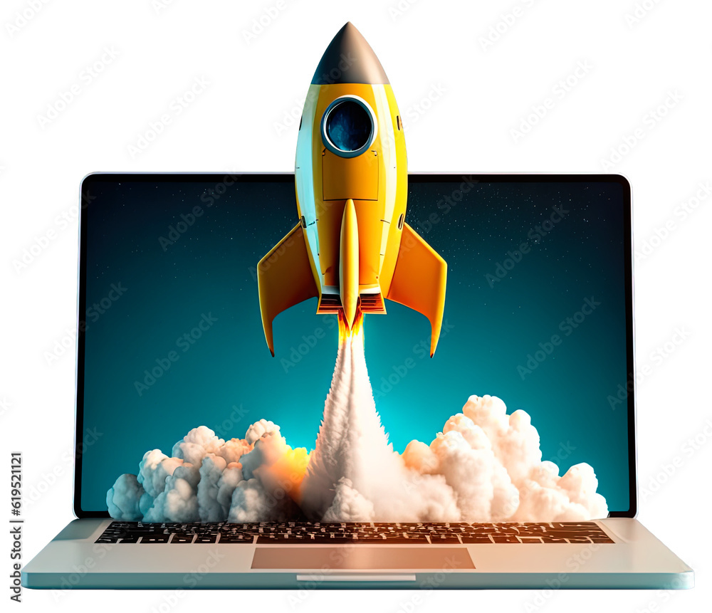 Digital illustration of laptop and rocket, PNG transparent background. Generative AI	 - obrazy, fototapety, plakaty 