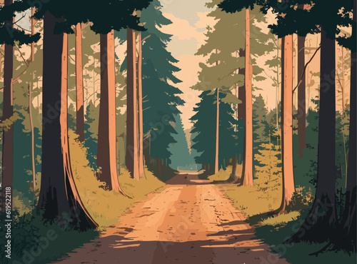 A painting of a road running through a forest flanked by rocks and trees. landscape forest.
