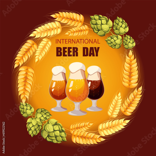 Background with beer, wheat, hops.Vector illustration for beer day.International Beer Day.