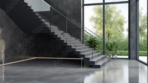 Modern elegant U shape black cement stone stair landin.Generative AI photo