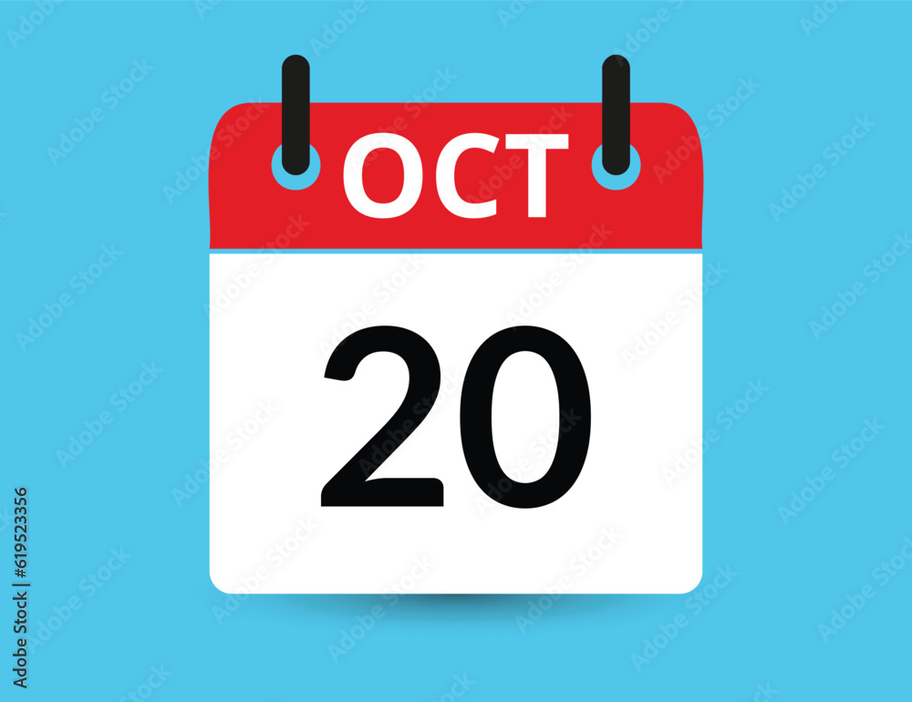 October 20. Flat icon calendar isolated on blue background. Date and month vector illustration