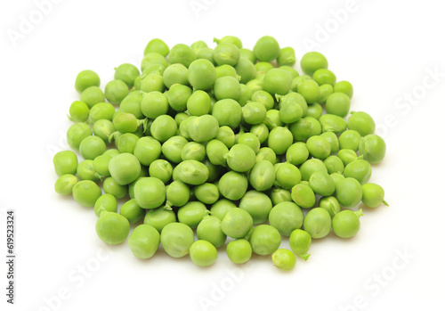 Pile of fresh green peas isolated on white background
