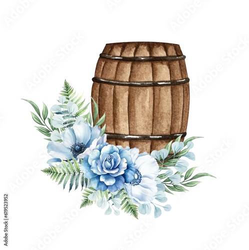 Watercolor floral wooden barrel. Western barrel with blue flowers. Farmhouse ructick wedding.