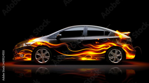 Aerography on car side colorful fire image, poster, banner for auto repair shop. Generative AI. © bad_jul