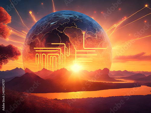 Witness a futuristic sunrise  AI-inspired patterns and energy converge  illuminating new possibilities. Available on Adobe Stock