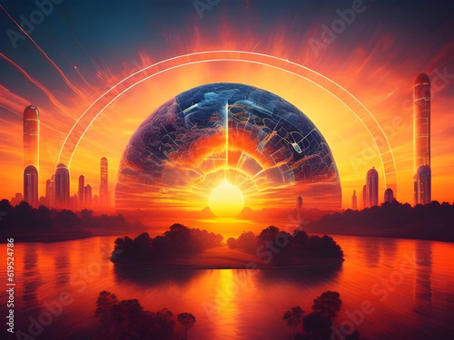 Witness a futuristic sunrise: AI-inspired patterns and energy converge, illuminating new possibilities. Available on Adobe Stock