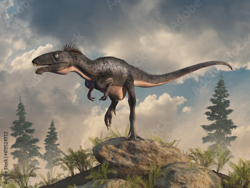 Fototapeta Naklejka Na Ścianę i Meble -  Masiakasaurus, a late Cretaceous dinosaur from Madagascar. Known for its curved jaw with forward pointing, serrated teeth, it likely preyed on small vertebrates or feeding on fish. 3D rendering.
