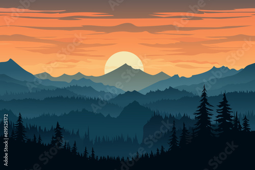 Beautiful vector landscape of mountains and forests against the backdrop of sunset. Silhouettes of mountains and forests. The concept of travel, hiking, camping.
